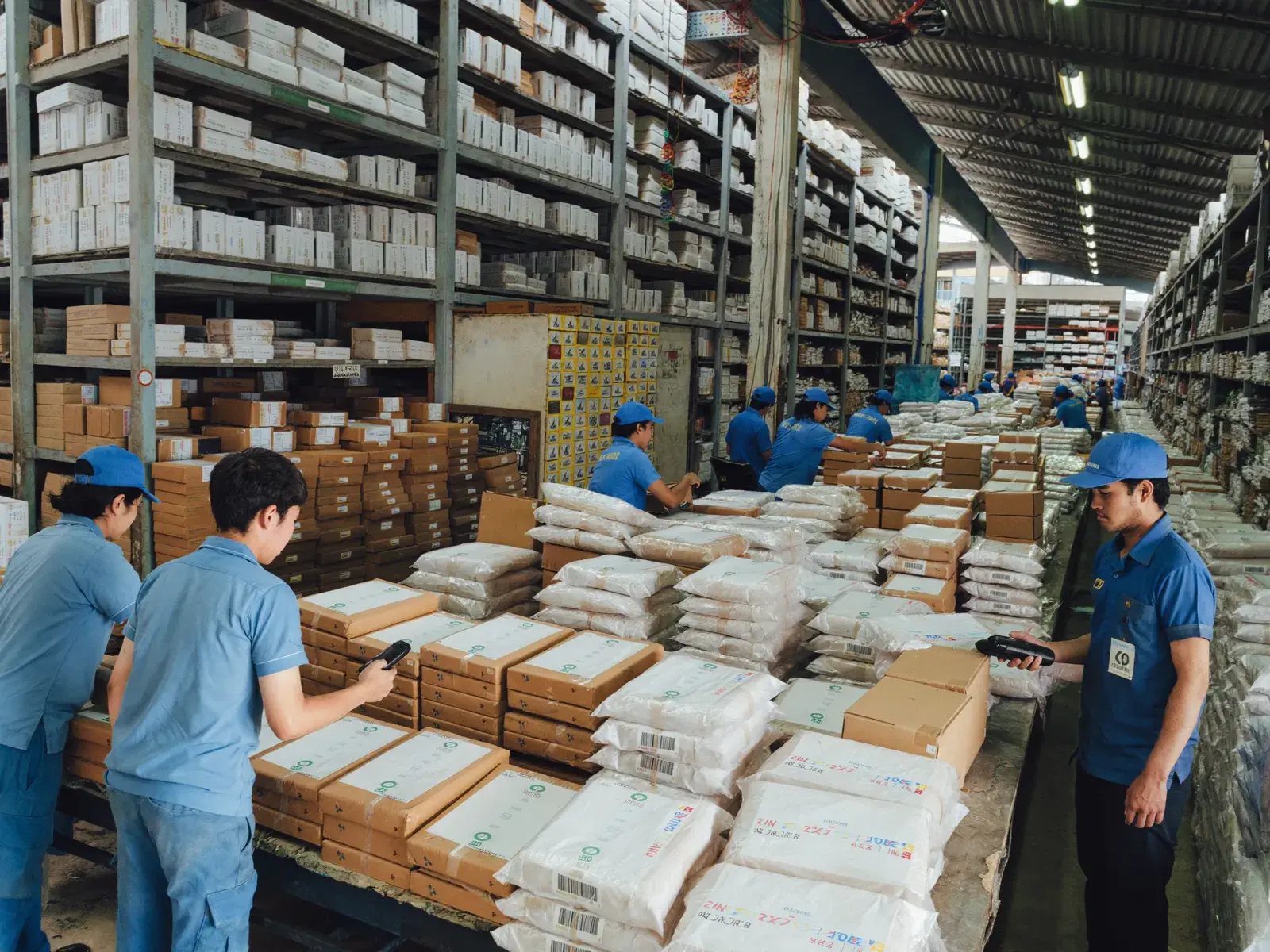 Workers sorting stacks of parcels on shelves inside a courier hub