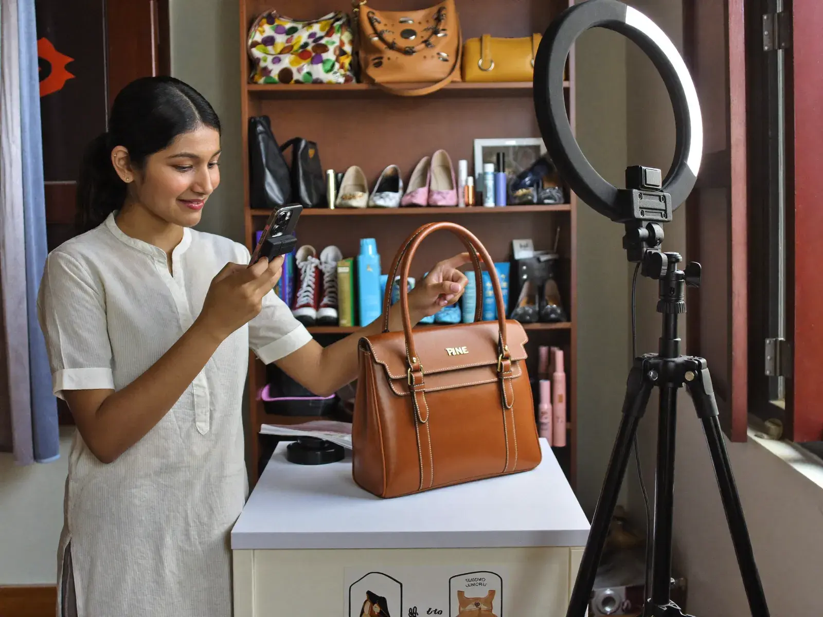 Merchant photographing a product on a small table to create a new catalogue listing