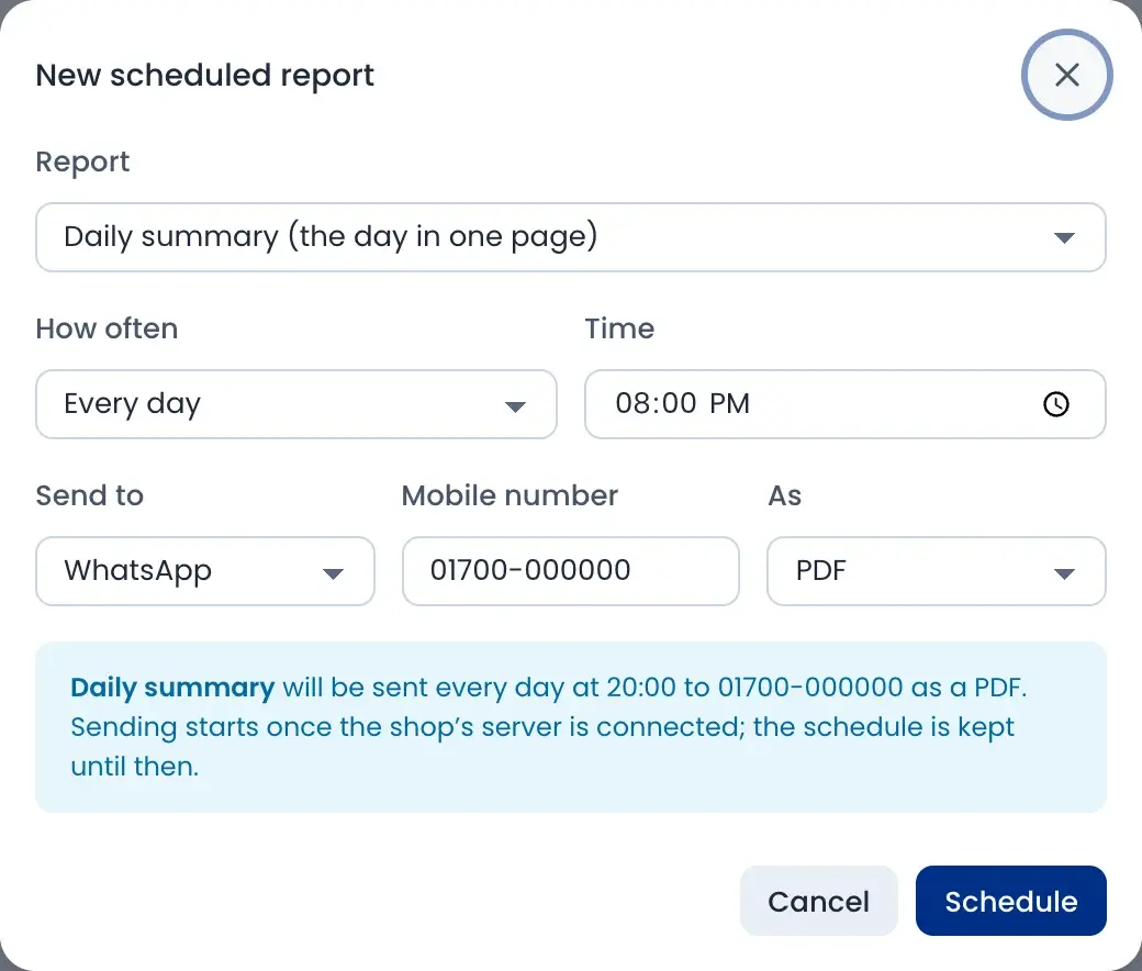 New scheduled report: daily summary every day at 8:00 PM to WhatsApp as a PDF
