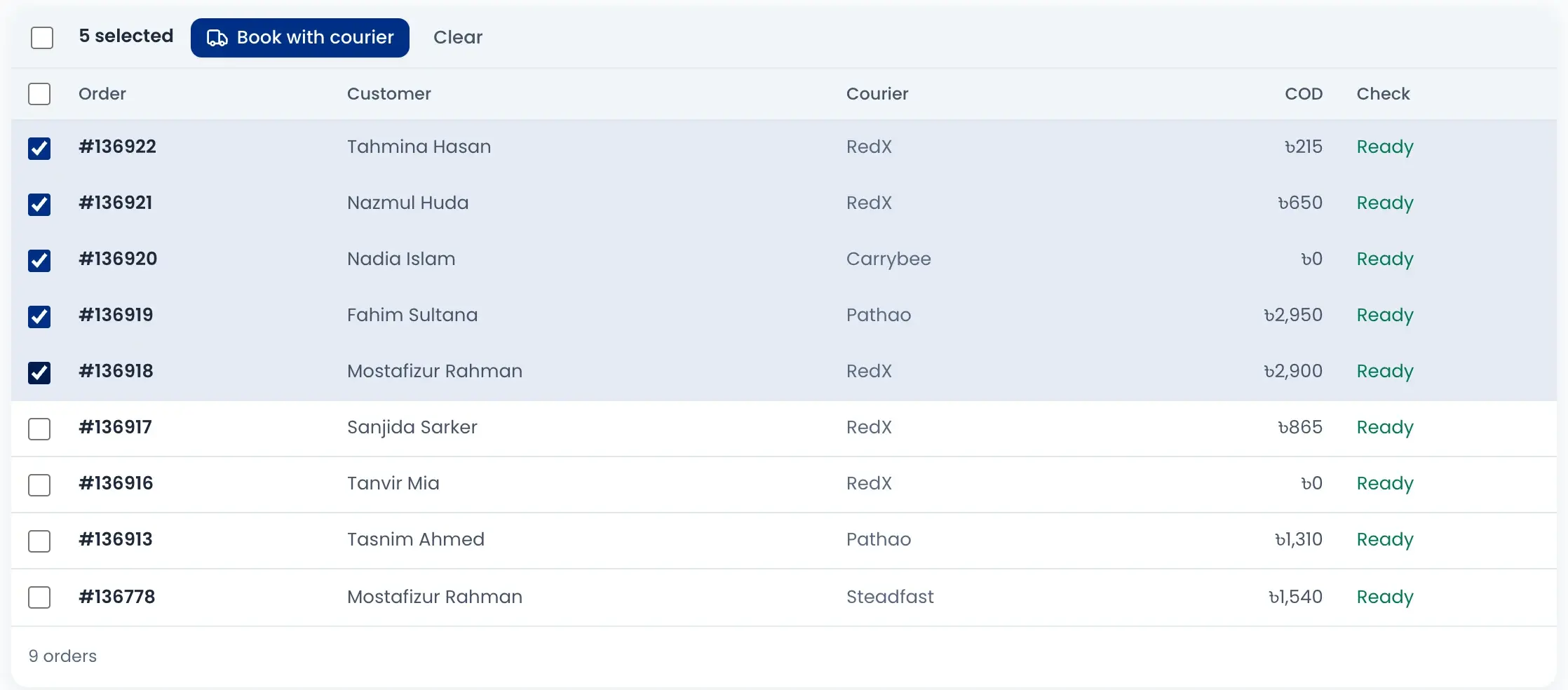 Courier review: five orders selected for RedX, Carrybee and Pathao, all marked Ready, with a Book with courier button