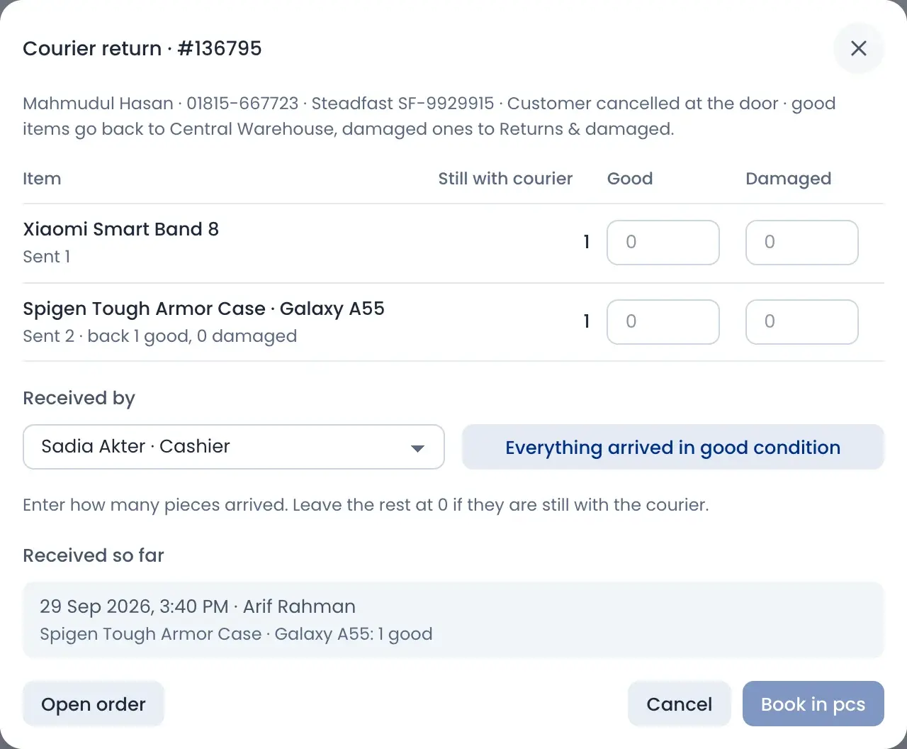 Receiving a Steadfast return: good and damaged count for each item, with what was received so far
