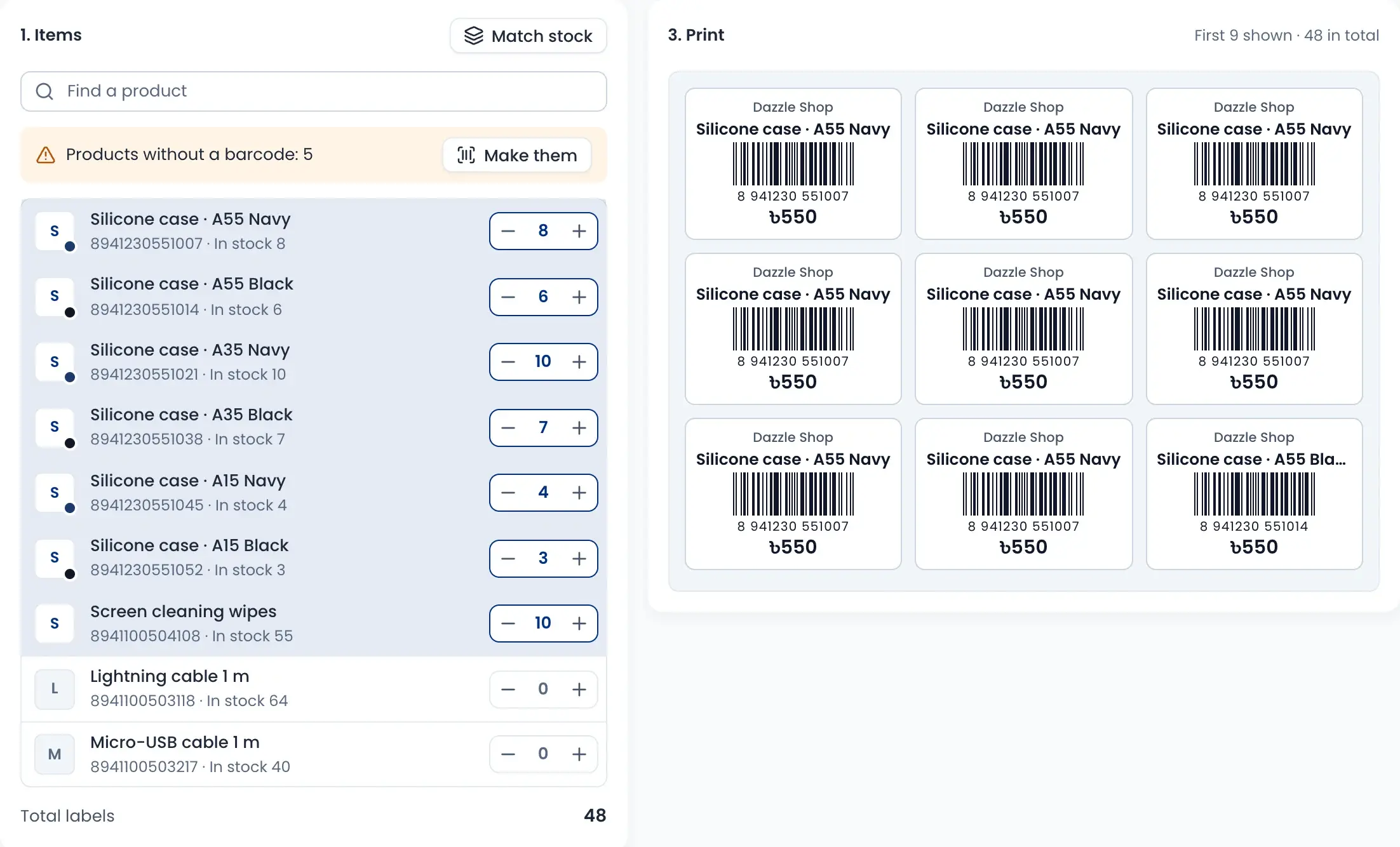 Print barcode labels: products and label counts on the left, a preview of 48 labels on the right
