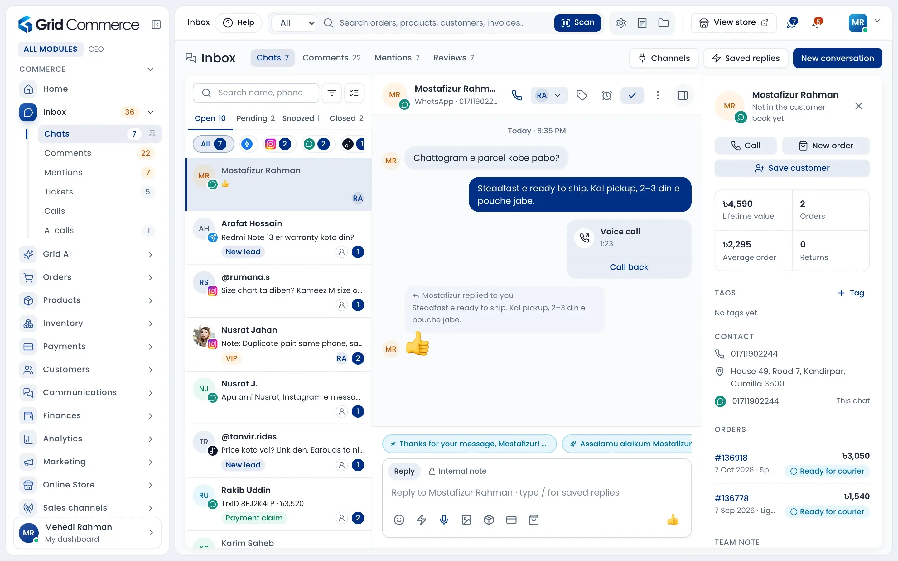 The inbox with chats from several channels, a WhatsApp conversation and the customer's details and orders beside it
