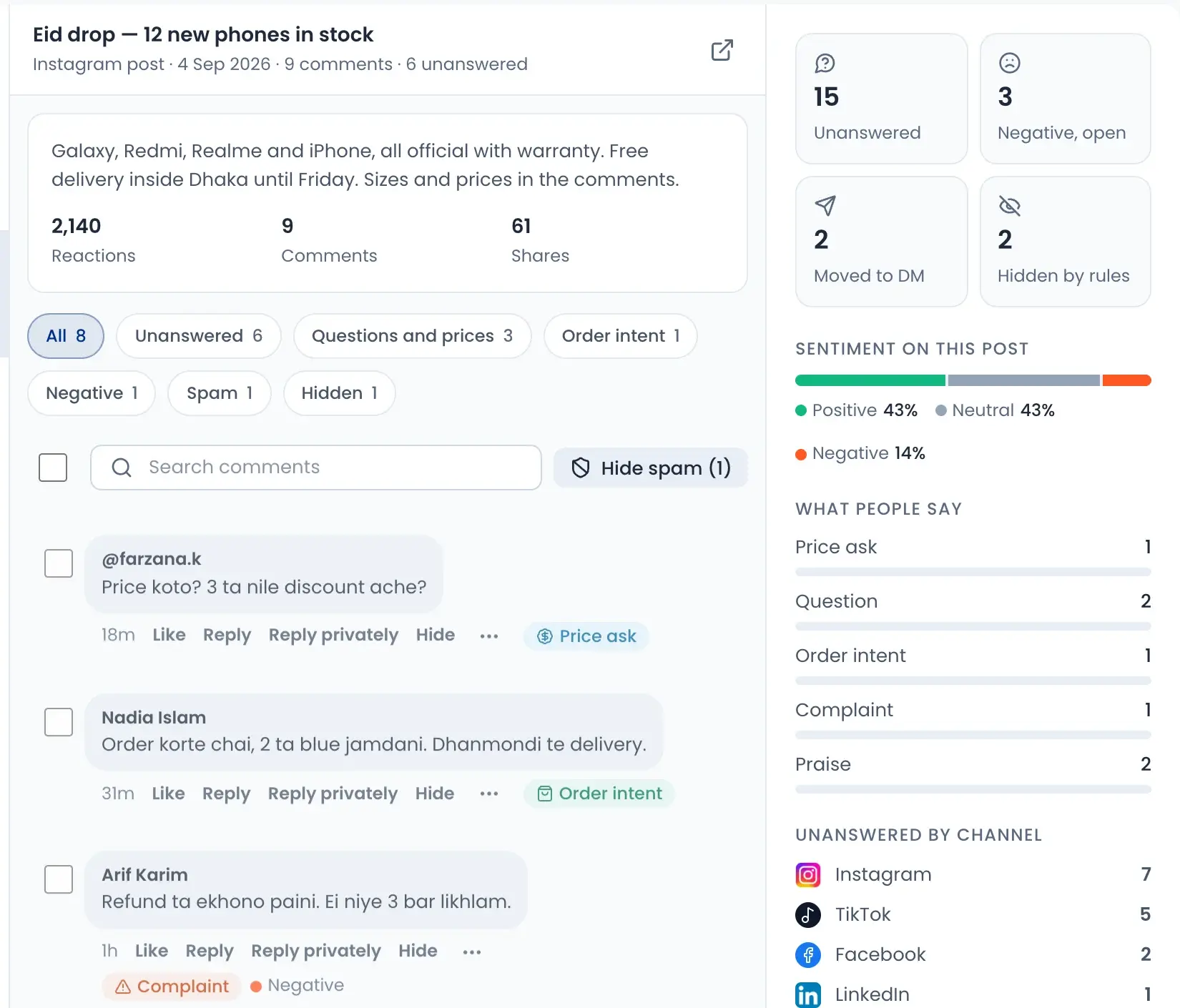 Comments on an Instagram post, marked as price ask, order intent and complaint, with sentiment and unanswered counts