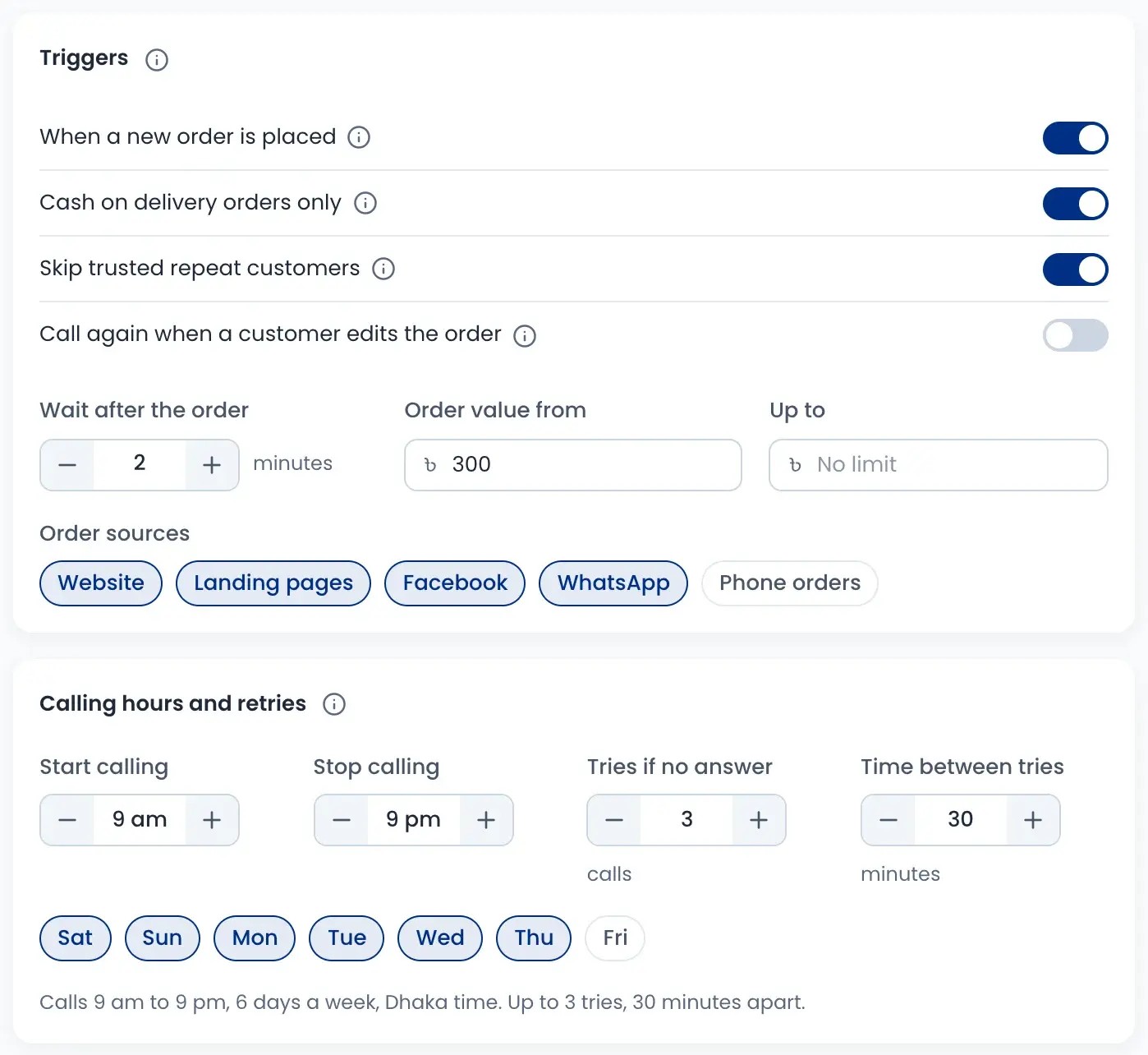 AI auto-call settings: call new COD orders from ৳300 after 2 minutes, 9 am to 9 pm, up to 3 tries 30 minutes apart