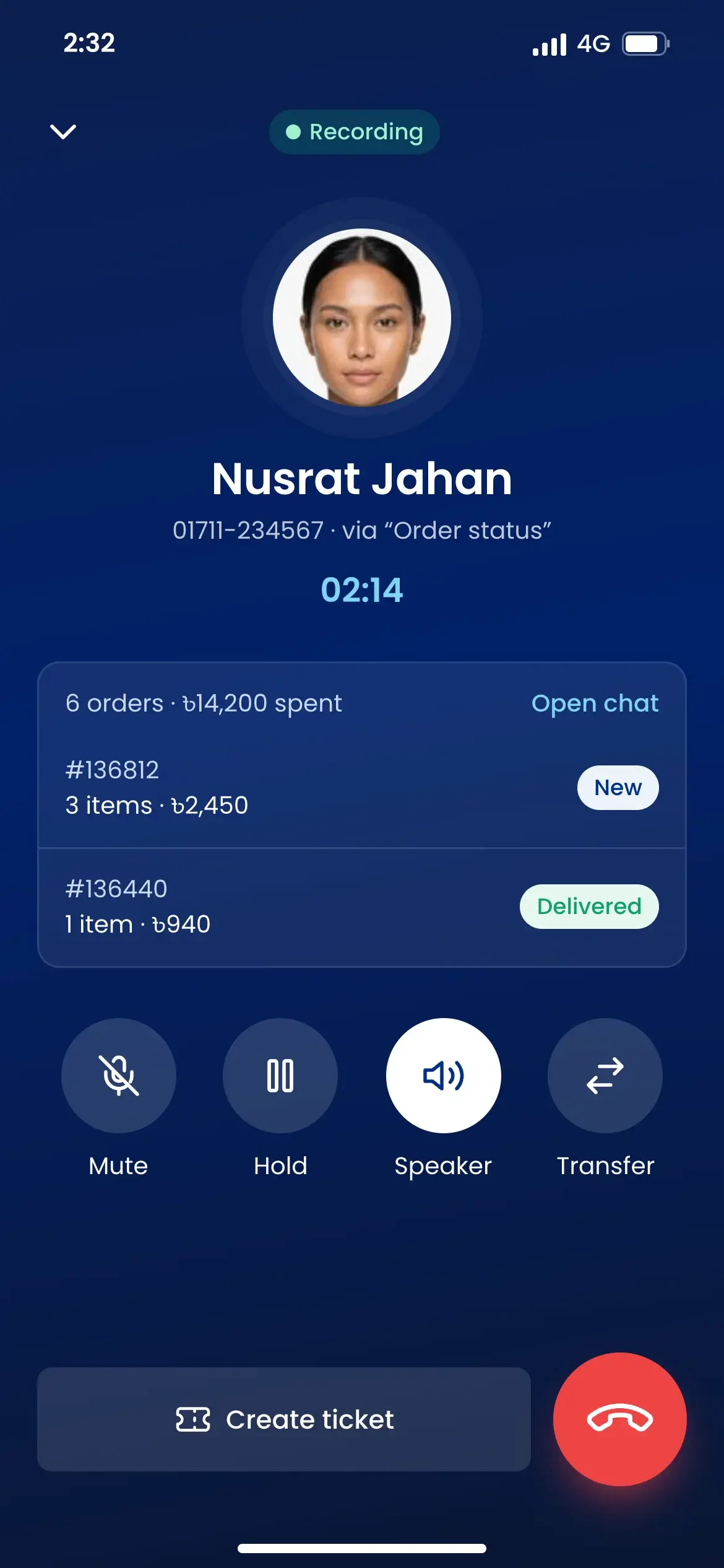 A live call in the phone app with the customer's orders and a Create ticket button