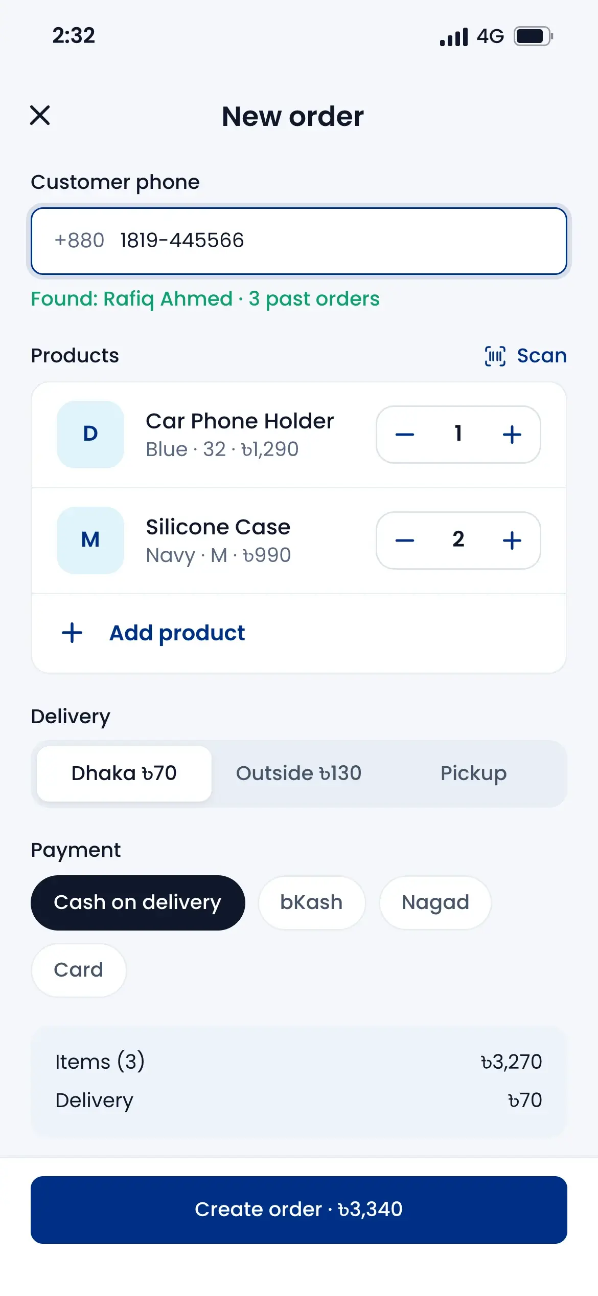 A new order made in the phone app, with delivery zone and payment by cash on delivery, bKash, Nagad or card