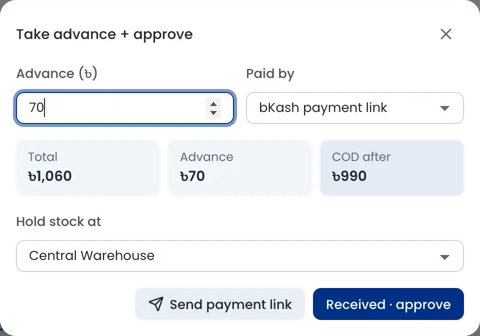 Take advance and approve: total ৳1,060, advance ৳70, COD after ৳990, paid by bKash payment link