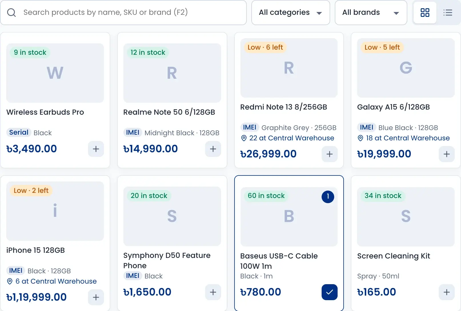 Product cards on the register with stock badges, IMEI and serial tags, and stock at the Central Warehouse