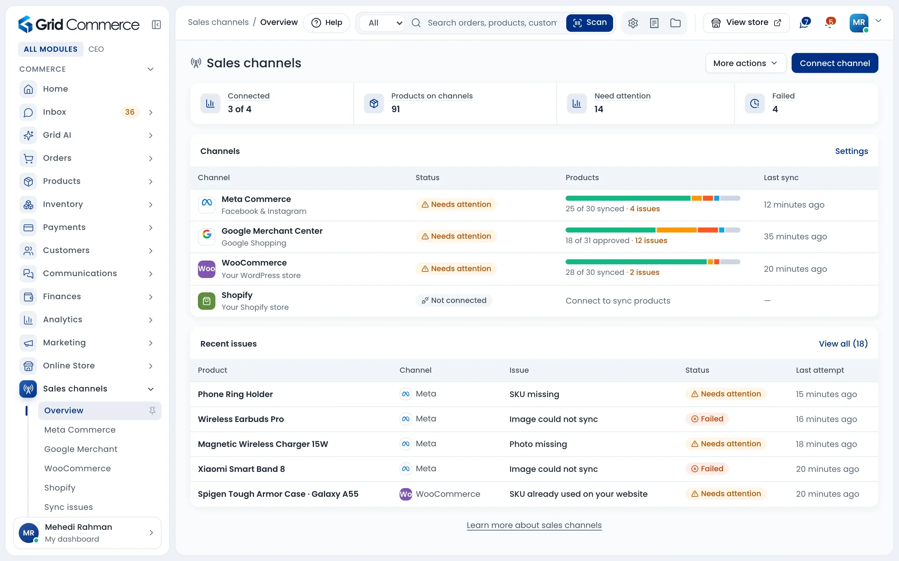 Sales channels overview: Meta Commerce, Google Merchant Center, WooCommerce and Shopify with products synced, issues and last sync