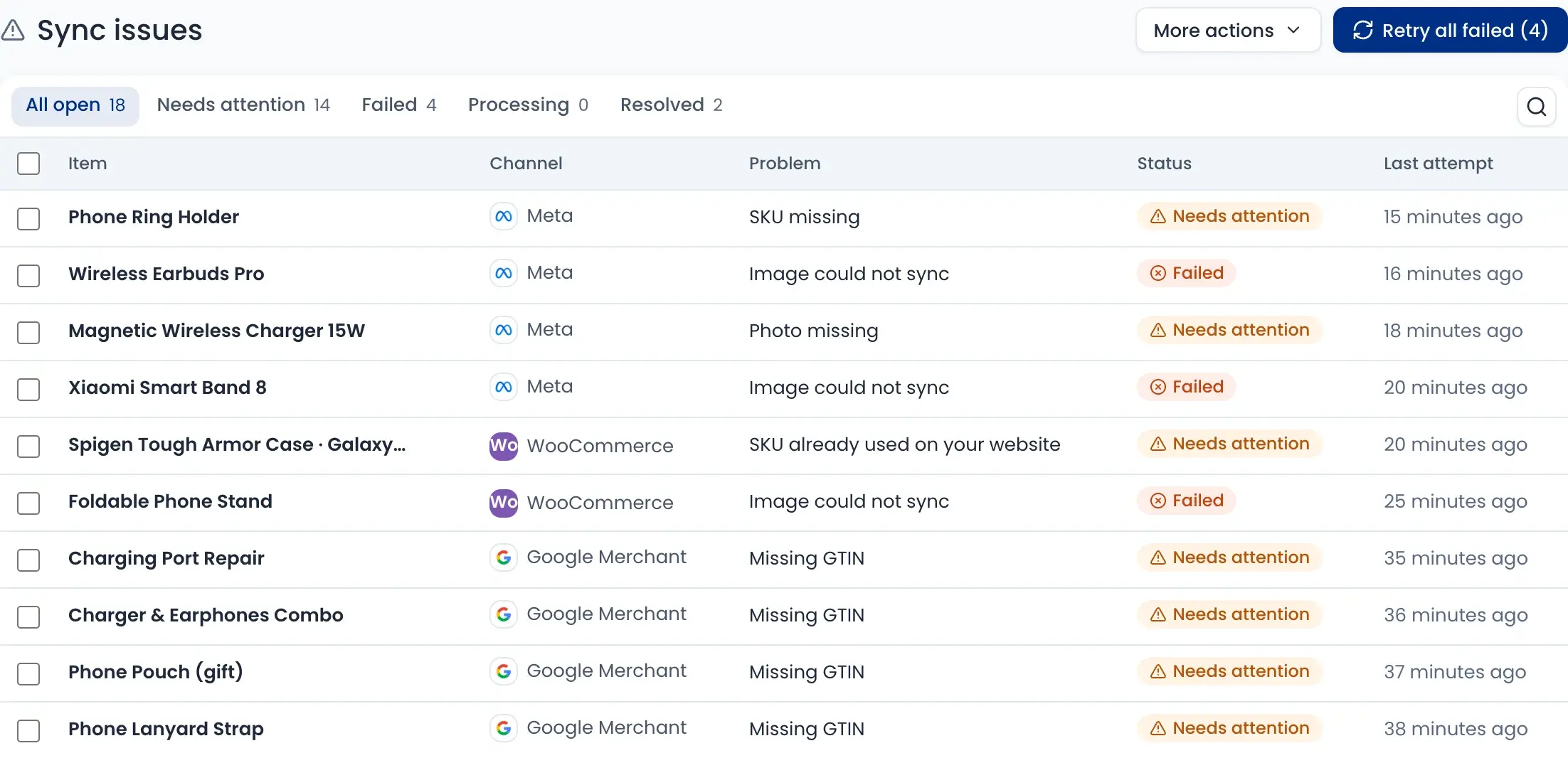 Sync issues: 18 open problems across Meta, WooCommerce and Google Merchant, with a Retry all failed button