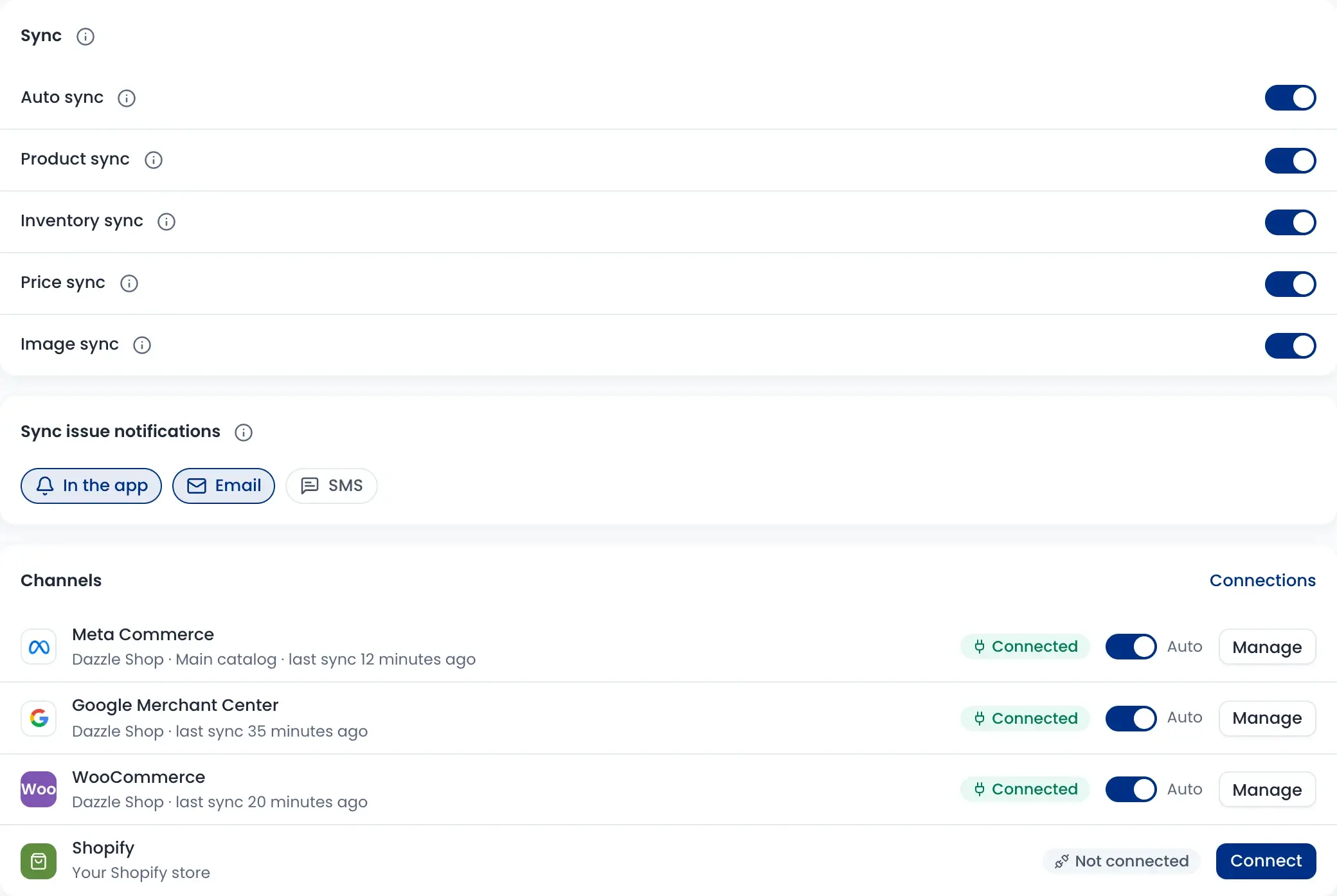 Channel settings: sync switches, sync issue alerts and each connected channel with auto sync