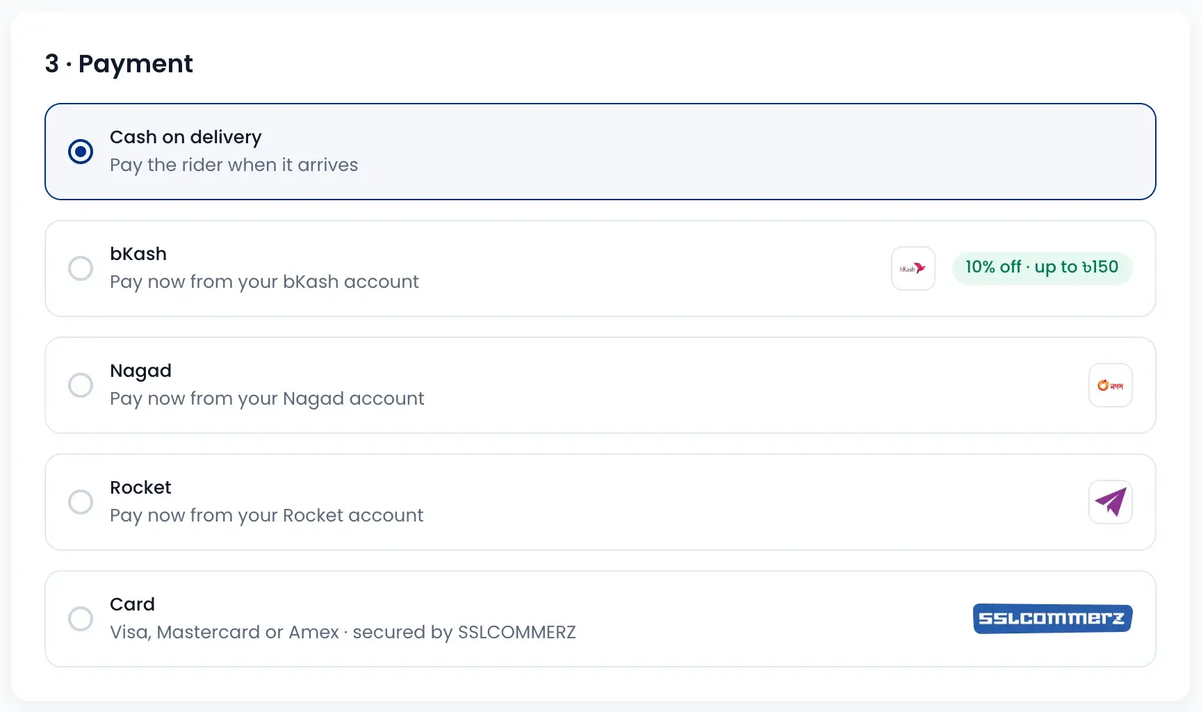 Checkout payment step with cash on delivery, bKash with 10% off, Nagad, Rocket and card by SSLCOMMERZ