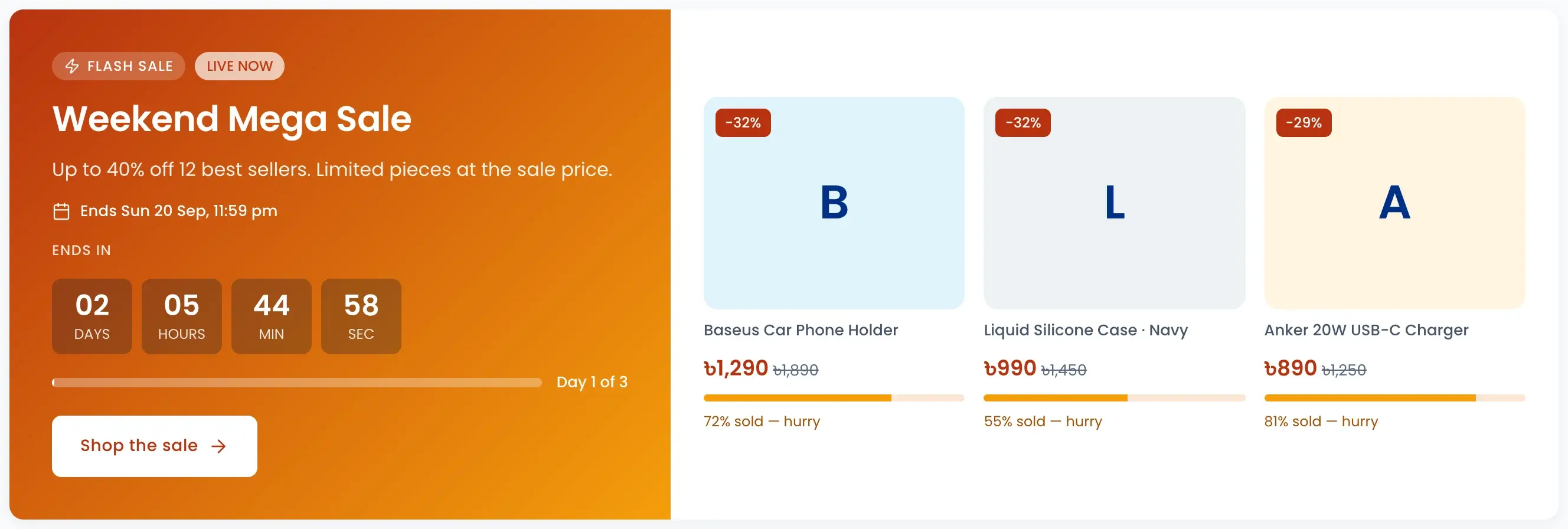 Offers page with a live Weekend Mega Sale, a countdown and products showing how much has sold