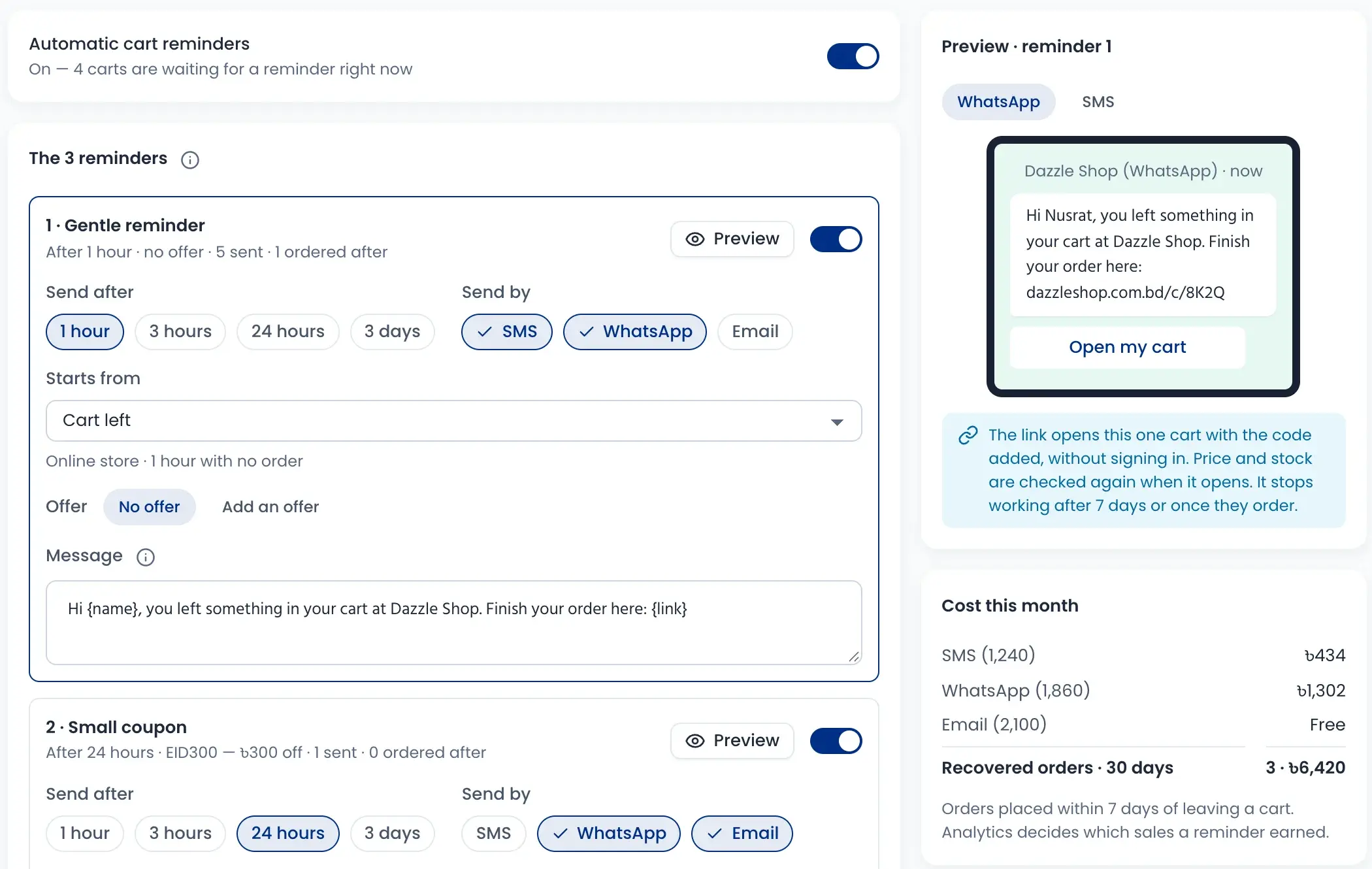 Automatic cart reminders: a gentle reminder after 1 hour by SMS and WhatsApp, with a WhatsApp preview