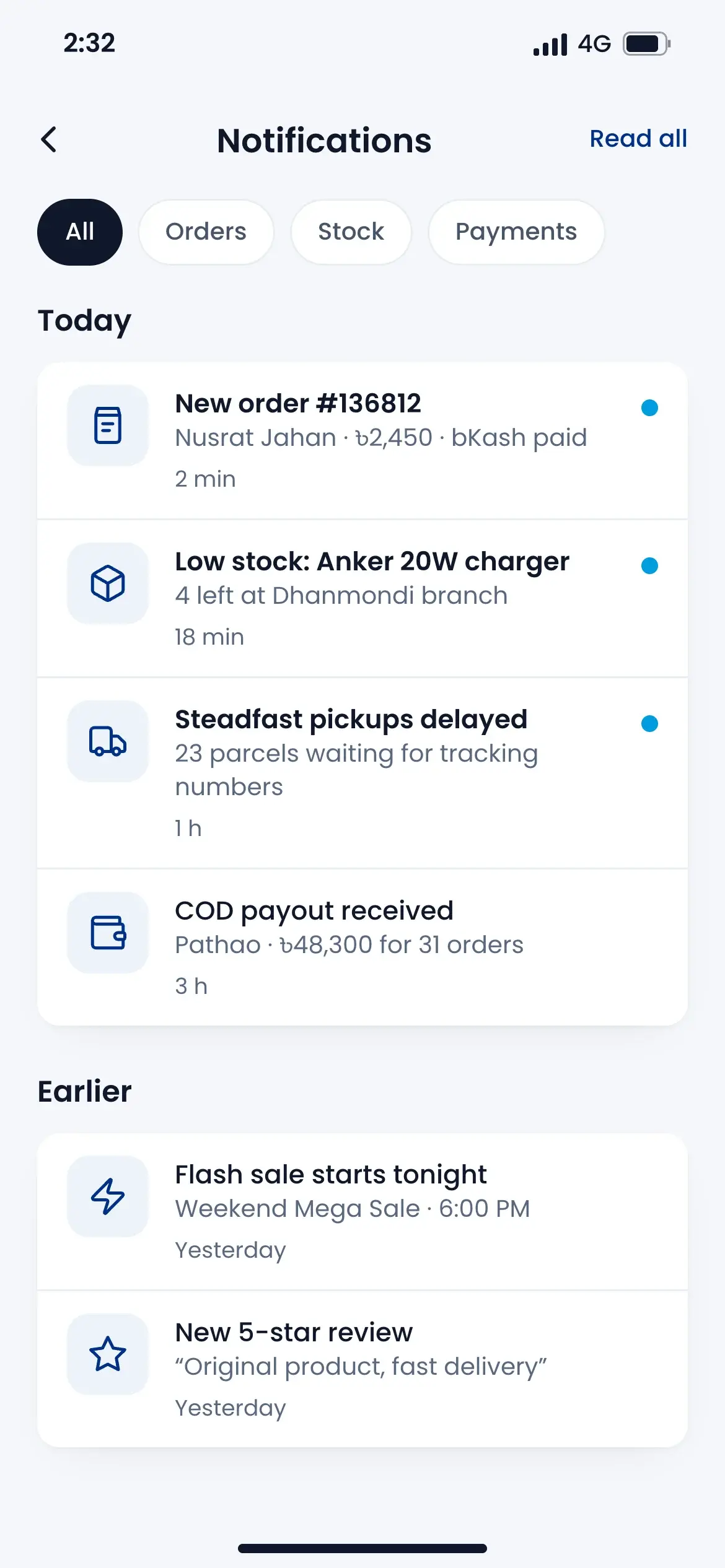 Phone app alerts: an order paid by bKash and a Pathao COD payout of ৳48,300 for 31 orders