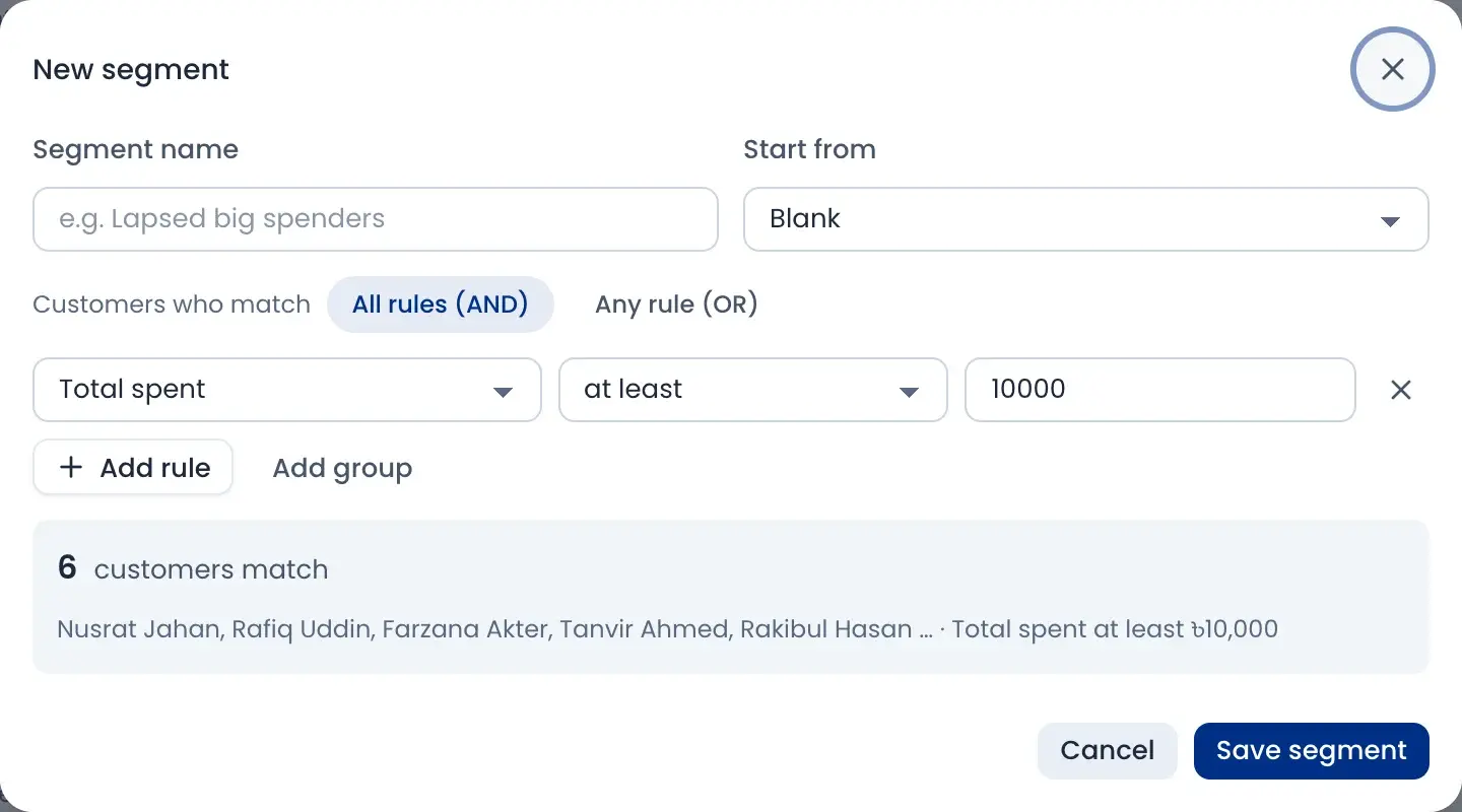 New segment: total spent at least ৳10,000, 6 customers match