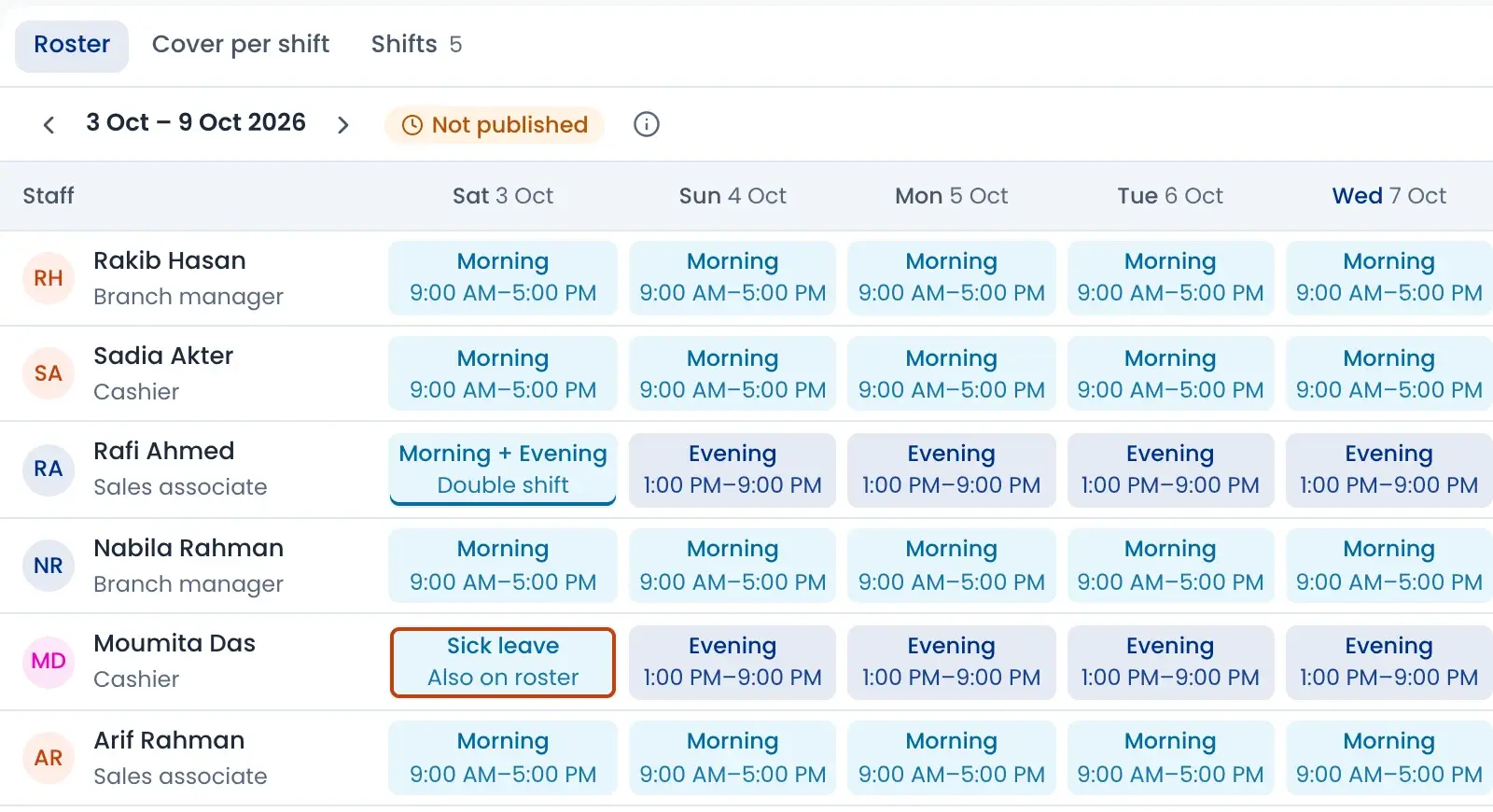Weekly roster with morning and evening shifts, a double shift and a sick leave marked on the roster