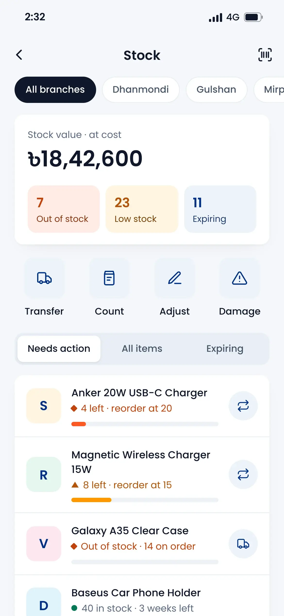 Stock in the phone app with a tab for each branch and buttons to transfer, count, adjust and record damage
