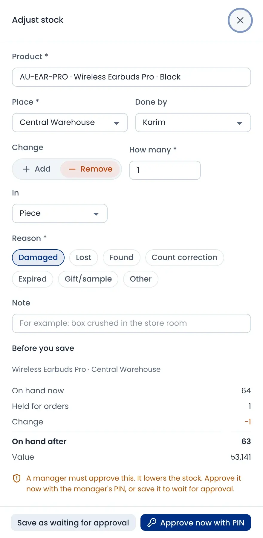 The Adjust stock panel with reasons, on hand before and after, and a note that a manager must approve
